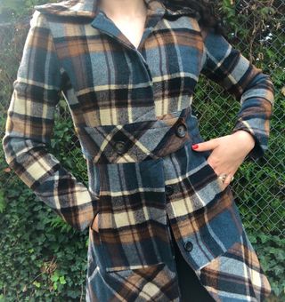 blue plaid peacoat