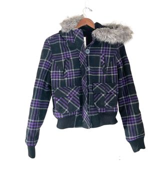 Aeropostale Wool Blend Plaid Full Zip Jacket Black Purple Size