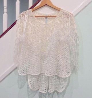 White Crochet Fringe Top Boho Long Sleeve Fishnet Weave Crop Top