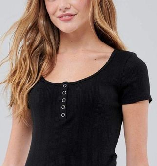 Hollister Black Ribbed Henley T-shirt Short Sleeve Top Sz XL - $8