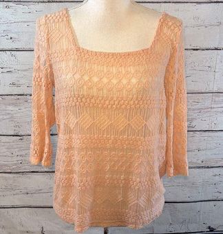 Lucky Brand Blouse 3/4 Sleeve Lace Square Neckline Peach-Small