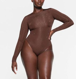 SKIMS Swarovski x Jelly Sheer Crystal Long Sleeve Crewneck Bodysuit XS  Cocoa NWT - $337 New With Tags - From Lalaboo