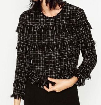 ZARA Black White Tweed Cropped Frayed Fringe Top Size Large