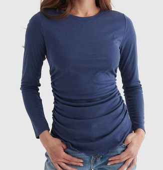 Lucky Brand Sandwash Rib Long Sleeve Ruched Tee LARGE Blue