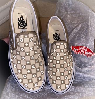 Vans Custom LV reflective Checkered Print Slip On Shoes Tan Size 8.5 - $95  (52% Off Retail) - From Ana