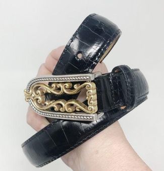 Brighton Black Leather Belt Ornate Silver Buckle Size S