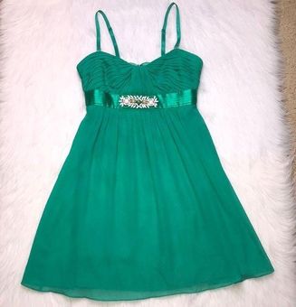 BCBGMAXAZRIA 100 Silk Emerald Green Jeweled Mini Dress