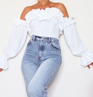 White ruffle hem off shoulder long sleeve outlet top