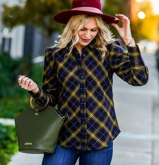 The Shirt Rochelle Behrens  The Puff Shoulder Plaid Flannel Size Extra  Small Blue - $60 (60% Off Retail) - From Nicole