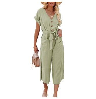 Womens V Neck Button Down Belted Jumpsuits Wide Leg Long Pants Rompers with  Pockets Green Size XXL - $18 (63% Off Retail) - From Nicole