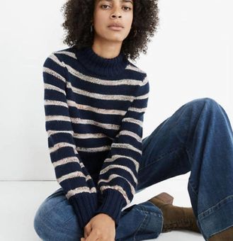 Madewell Blue Striped Wool Metcalf Mockneck Balloon Sleeve