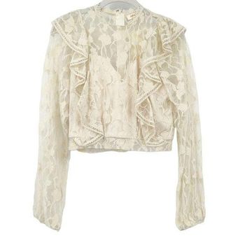 A.Peach Womens Boho Floral Lace Ruffle Long Sleeve Crop Top