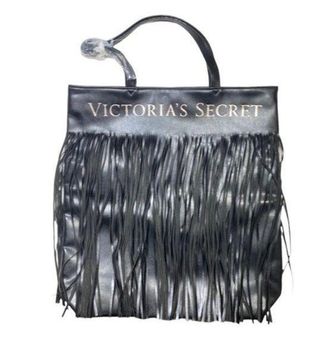 VICTORIAS SECRET Black faux leather Fringe Tote Bag purse large – Pocatello  Market