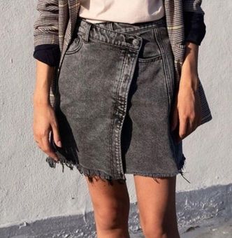 Free People Parker Sulfur Black Denim Mini Frayed Hem Wrap Skirt