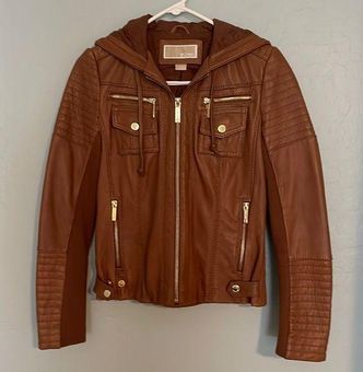 Michael Kors Women s Brown Leather Hooded Moto Full Zip Jacket