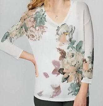 J.Jill White Floral Linen Blend Vneck Vented Long Sleeve Sweater