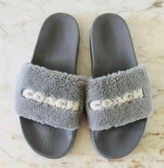 Coach fuzzy shearling slides in grey with white lettering Gray Size