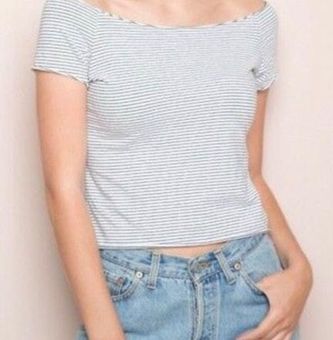 Brandy Melville Blue and White Striped Off the Shoulder Top Size Small