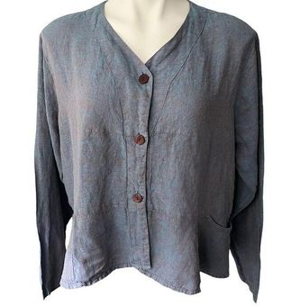 Flax Blue/Orange By Jeanne Engelhart Peplum Button-down Linen