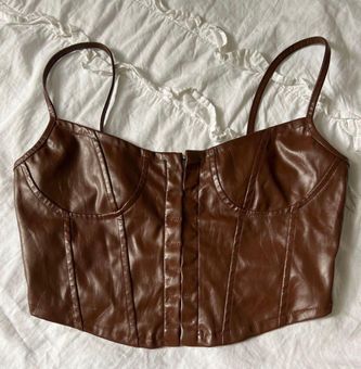 FAUX LEATHER CORSET CROP TOP/BROWN