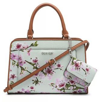 Genuine Calvin Klein Tote Bag Purse Monogram White Floral Flowers Vegan  Leather