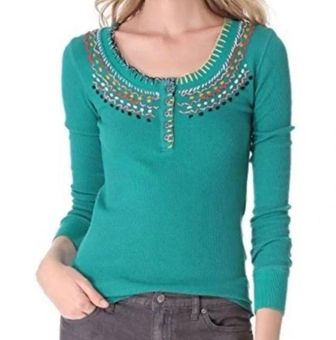 We The Free Free People Size Small Thermal Top Emerald Green Waffle Knit  Embroidered Boho - $20 - From Abby