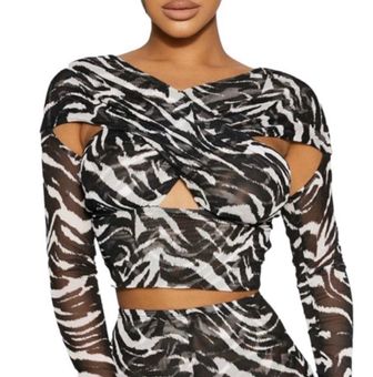 Naked Wardrobe New Zebra print mesh long sleeve crossover top