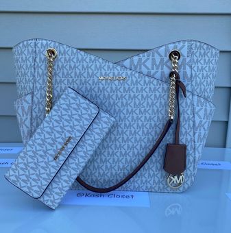 Michael Kors Jet Set Large Chain Shoulder Tote + Trifold Wallet Vanilla MK