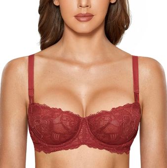 DOBREVA Women's Lace Bra Balconette Push Up Sexy Red Size