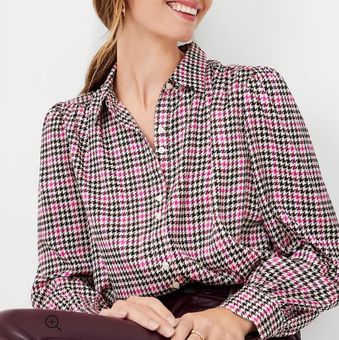 Ann Taylor Women Houndstooth Shirred Blouse Fuschia Pink Black