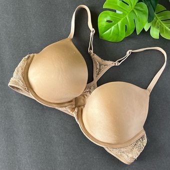 Maidenform Lace Natural Boost Demi Bra T-Back Push-Up Underwire Front Close  Tan Size 34 B - $16 - From Kelly