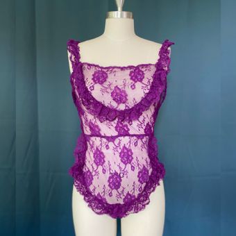 Vintage Deadstock 80s Sabrina Purple Lace Bodysuit Teddy Size L - $34 New  With Tags - From Brownide