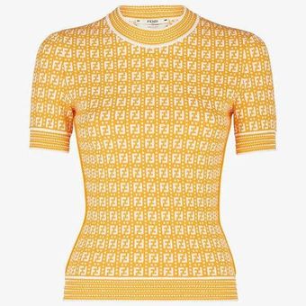 Fendi Short Sleeve Embossed Jacquard Pullover Sweater Orange