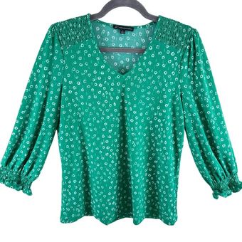 Adrianna Papell Green White Floral Stretchy 3 4 Sleeve V Neck