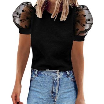 SheIn Curve Black Mesh Polka Dot Puff Sleeve Fitted Casual Blouse