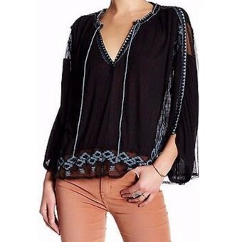 Free People Eden Black Sheer Top With Blue Embroidery Small - $29 - From  Alexandra