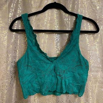 Aerie Kelly Green Lace Longline Cropped Bralette, Large - $25