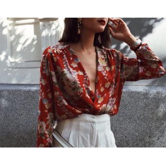 ZARA Red Floral Silky Bodysuit Top with Crossover Neckline - $25