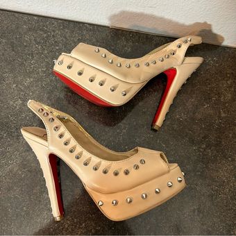 Christian Louboutin Spike Studded Peep Toe Nude Stiletto Heels