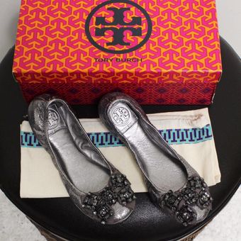 Tory Burch EUC Authentic Azalea Pewter Silver Ballet Flats Rhinestones Bows  Size  - $116 - From Kristen