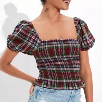 American Eagle Plaid Smocked Short Puff Sleeve Blouse Red