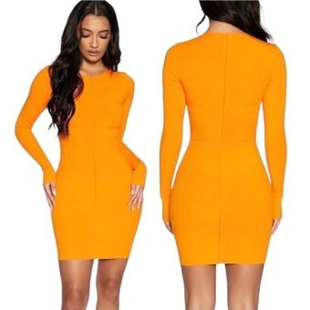 Naked Wardrobe Snatched Vibes Long Sleeve Ribbed Knit Mini Dress in Orange  - $41 - From KlosetByB