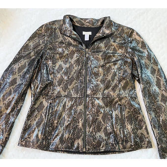 Chico's Black Bronze Metallic Zip Jacket Snake Python Print Size M