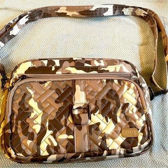 Medium Travel Pouch, Cognac Leather + Camo Stripe The Austin