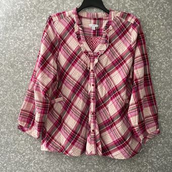 Fashion Bug Pink Plaid Plus Size Ruffle Button Up Shirt - Size 1X