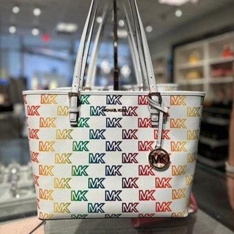 Michael Kors Rainbow Optic White Multi Carryall Tote 139 68