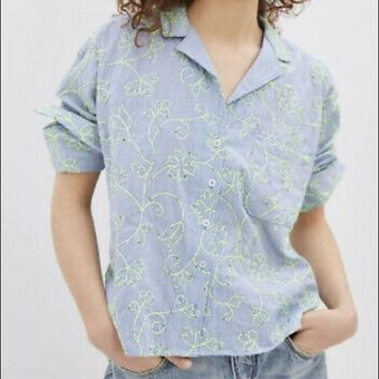 Maeve 2 // Clarissa High Low Blue White Green Embroidered Button Down Shirt  - $29 - From Gayle