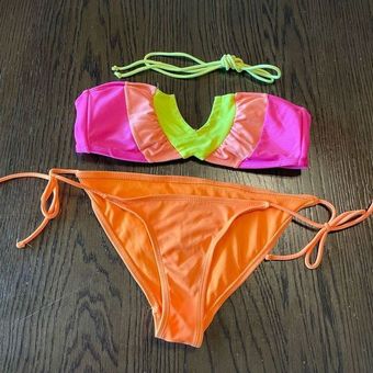 Neon pink, orange and yellow color block halter bikini, S - $11