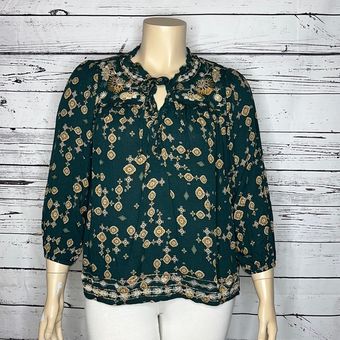 Knox Rose Top 3/4 Sleeve Green Embroidered Printed Size XXL 