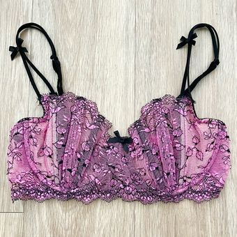 Victoria's Secret Vintage Y2K Pink Black Bow Floral Lace Balconette